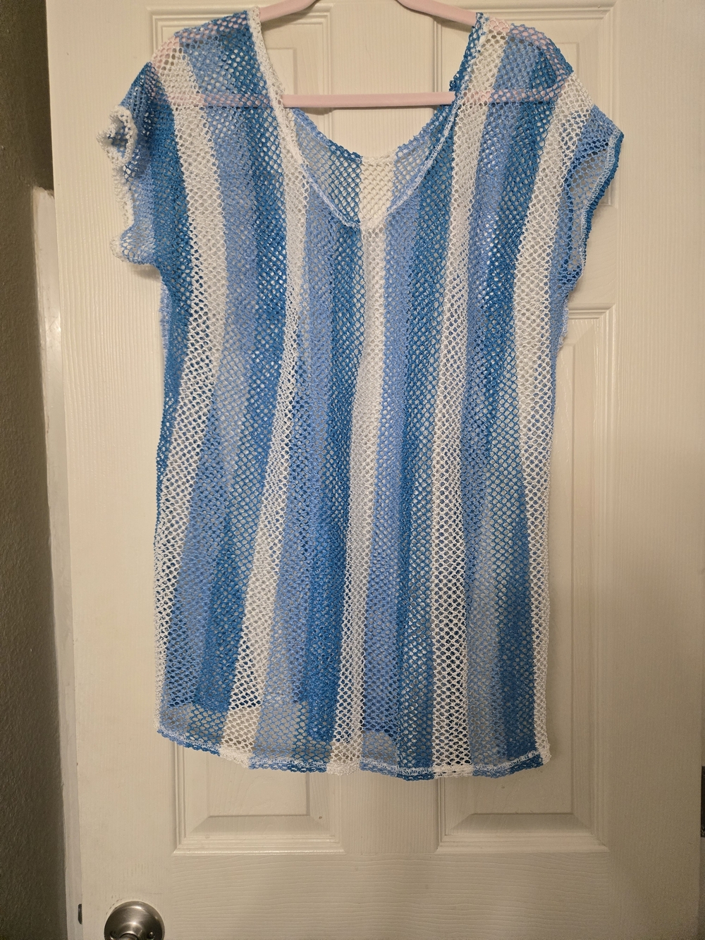 Blue and White Striped Mesh Cover-Up Top